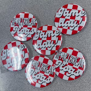 Heartbreak Hogs & Game Day Buttons | Red Checkered Football Spirit Pins | Arkansas Razorbacks Game Day Accessories