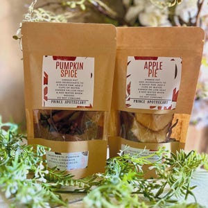May include: Two brown paper pouches with clear windows, labeled "Pumpkin Spice" and "Apple Pie." Each pouch contains ingredients for simmering, with instructions on the label. The "Pumpkin Spice" pouch lists ingredients like cinnamon sticks and vanilla.