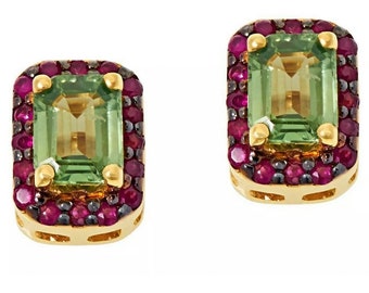 Women’s Jewelry Gold-Plated Green Sapphire & Ruby Gemstone Stud Sterling Silver Earrings