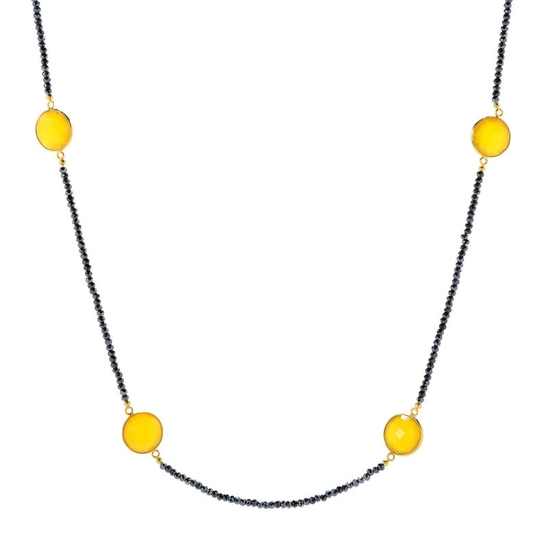 Women Jewelry 40 Chalcedony & Black Spinel Gemstone Station Necklace Sterling Silver Yellow Chalcedony