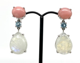 Joyería de la mujer 1.5 "Rainbow Moonstone &PInk Opal Drop Sterling Silver Pendientes