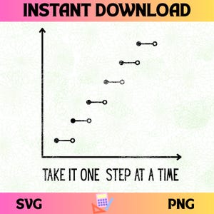 May include: A black and white graphic with the words "INSTANT DOWNLOAD" at the top. The image features a graph with a series of steps and the text "TAKE IT ONE STEP AT A TIME" at the bottom. The image also includes "SVG" and "PNG" text.