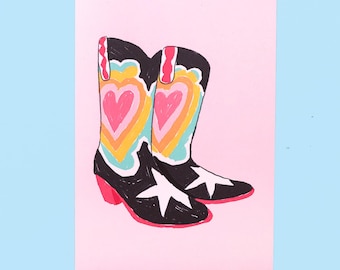 Pink Cowboy Boots Art Print | Cowgirl Wild West Heart Rainbow Queer Illustration