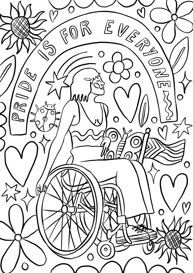 K&ouml;nnte beinhalten: Schwarz-wei&szlig;-Linienzeichnung einer Person im Rollstuhl mit dem Text "Pride is for everyone" in einem Regenbogenbogen dar&uuml;ber. Die Illustration ist von Herzen, Sternen, Blumen und Schmetterlingen umgeben.