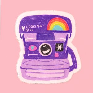 Adesivo per fotocamera Polaroid viola "looking good" / Regalo di positività e amore per se stessi