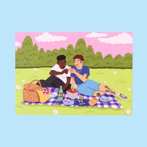 May include: Illustration of two people enjoying a picnic on a sunny day. They are sitting on a purple and white checkered blanket, surrounded by food, a picnic basket, and a bottle of wine. The background features green trees and a pink sky.