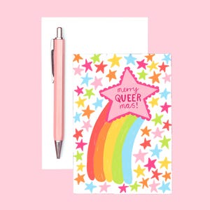 Wesoła queermasowa świąteczna kartka | Świąteczna świąteczna LGBT Queer Holiday Sapphic Kolorowa gwiazda z pozdrowieniami