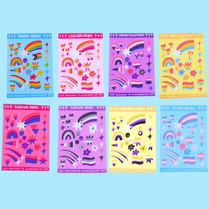 May include: Eight colorful sticker sheets with various designs. Each sheet features a different theme, including "Queer Magic," "Lesbian Magic," and "Trans Magic." Designs include rainbows, stars, and floral elements, with text at the top of each sheet.