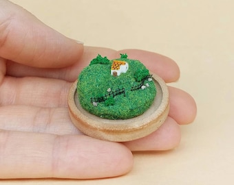 Miniature Hill & House Diorama. Cotagge Diorama. Polymer Clay Miniature. Handmade Countryside Secene. Glass Dome Miniature. Unique art.