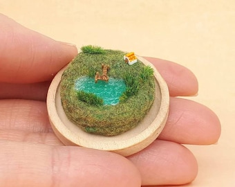Miniature Pier Diorama. House with Miniature Lake. Unique Handmade Diorama. Miniature Diorama in Crystal Dome. Country Life.