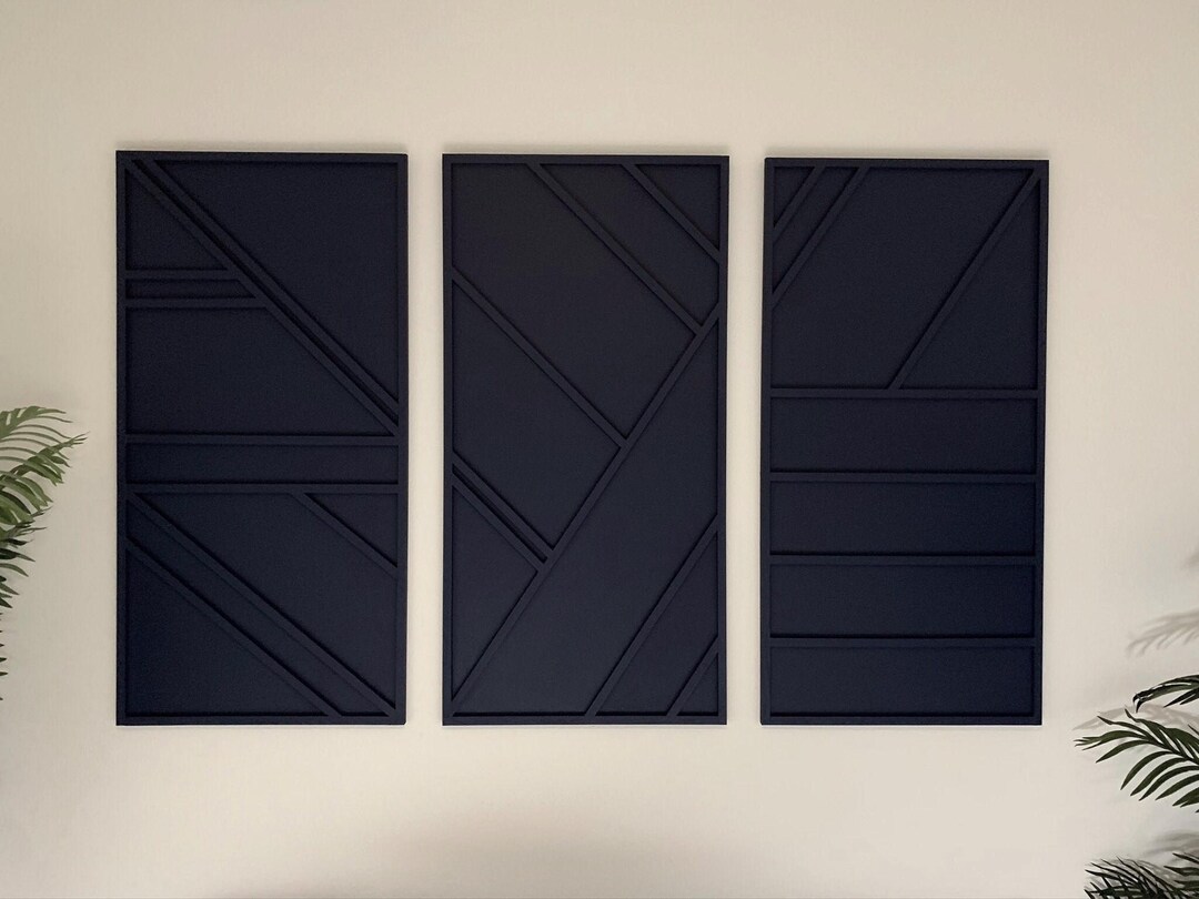 Black Geometric Wood Wall Art Panels: Modern Minimalist Set (24x48 Inch ...
