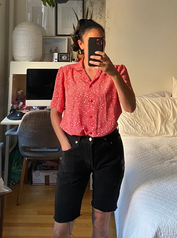 1980s Red Abstract Print Collared Shirt