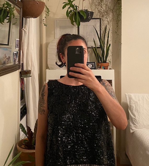 1950s Black Beaded Wool Top with Lining