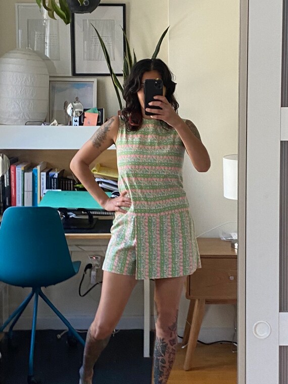 1960s Striped Ditsy Floral Dress W/Shorts S/M