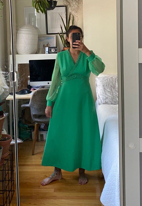 1970s Green Flower Power Dress