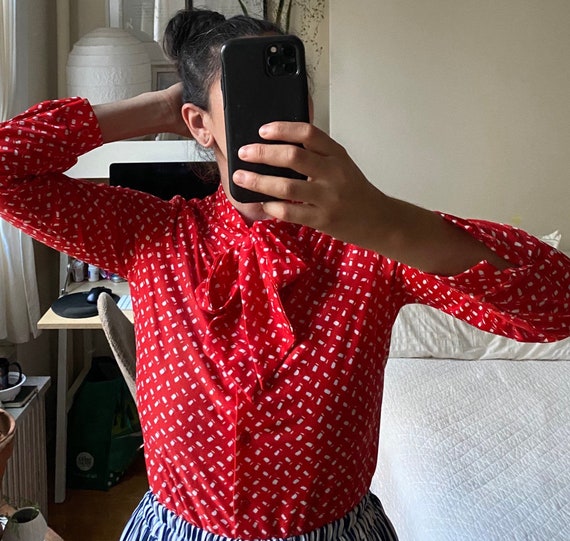 1980s Secretary Blouse Red Geometric