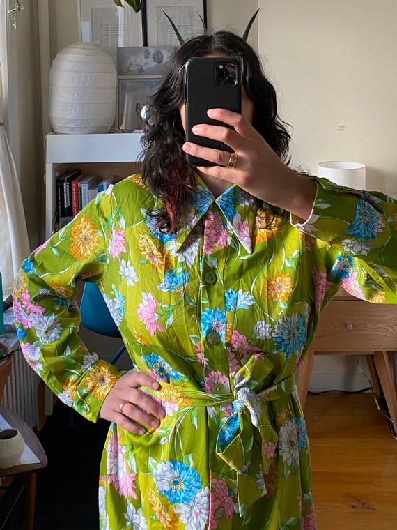 1970s Green Floral Dress S-L