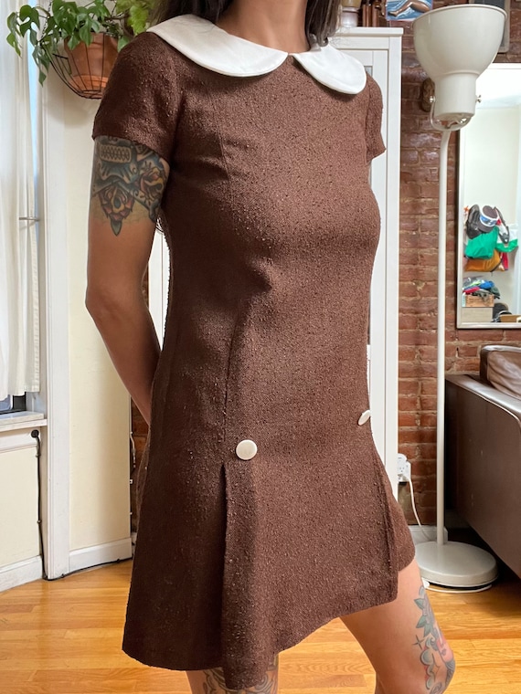 1960s XS/S Brown Boucle A-line Mod Dress/60s mod/… - image 2