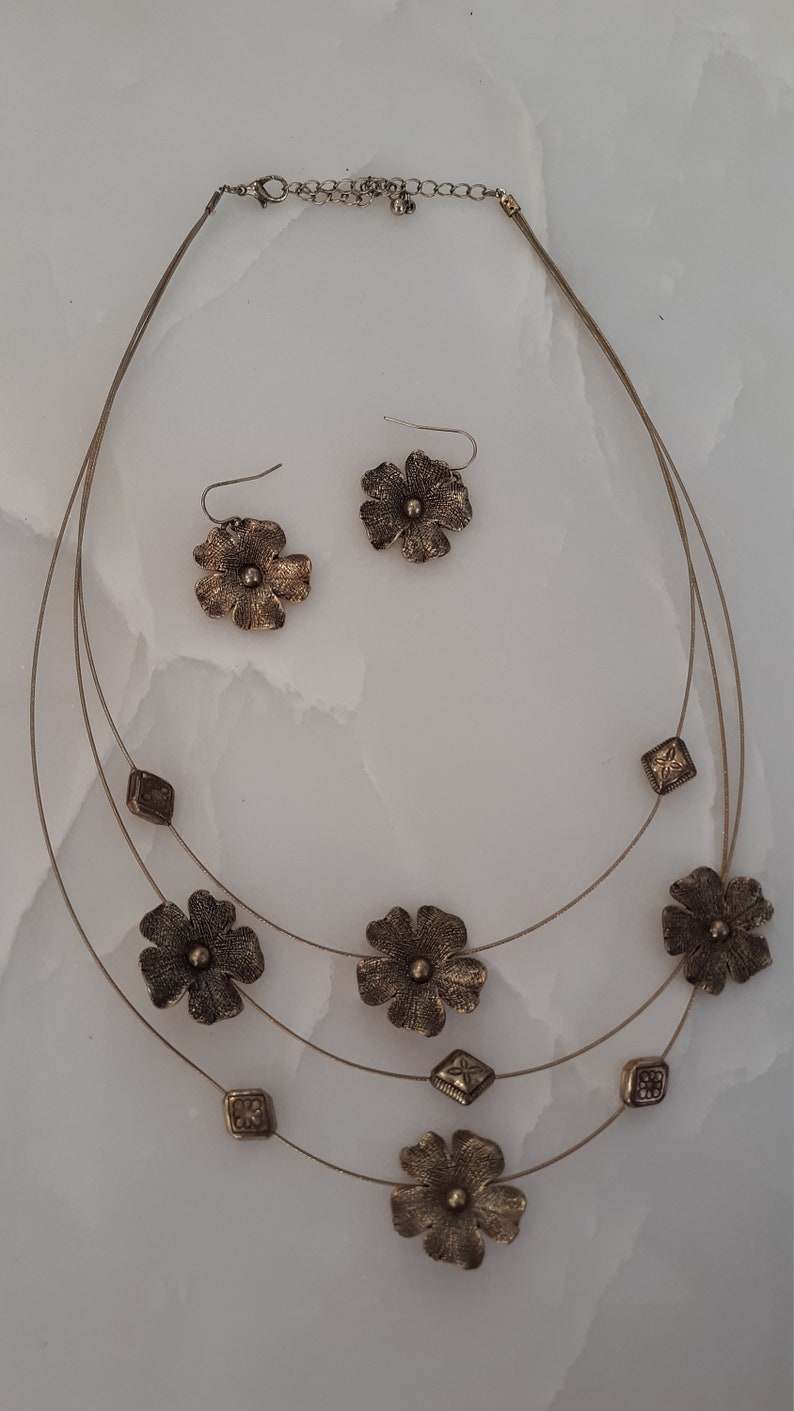 Brass Flower Necklace and Earrings Set
