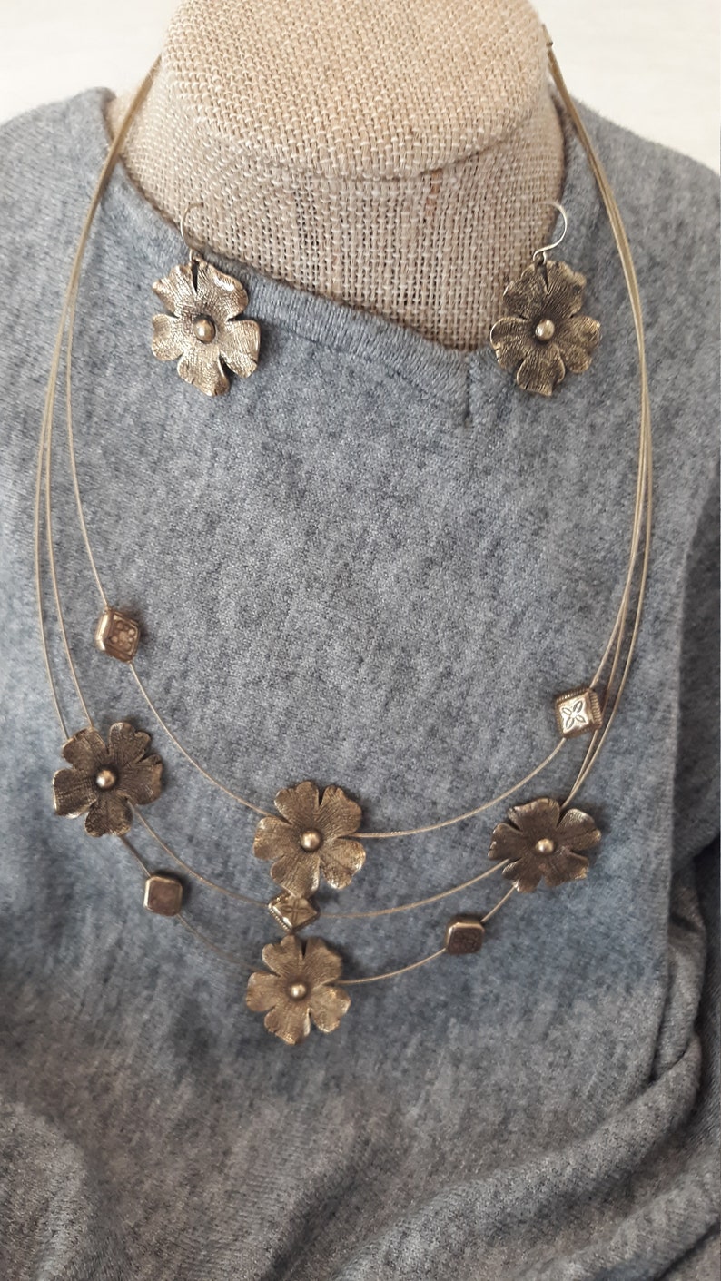 Brass Flower Necklace and Earrings Set