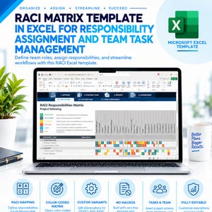 May include: A RACI matrix template for Microsoft Excel displayed on a laptop screen. The interface shows a project responsibilities grid with color-coded cells for Responsible, Accountable, Consulted, and Informed roles. Includes icons for mapping, color-coding, custom variants, no macros, task management, and editing features.