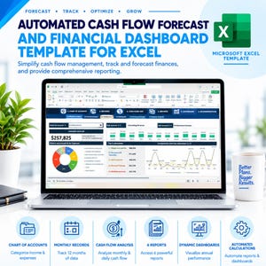 May include: An automated cash flow forecast and financial dashboard template for Microsoft Excel displayed on a laptop screen. The interface features charts, tables, and financial data. Below are icons for chart of accounts, monthly records, cash flow analysis, reports, dynamic dashboards, and automated calculations.