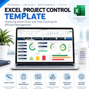 以下が含まれることがあります： Excelプロジェクト管理テンプレートを表示するノートパソコンの画面。ガントチャート、タスク追跡、進捗指標を備えたダッシュボードが表示されています。インターフェースには、設定、アクティビティ、予算、レポートのセクションが含まれており、青と緑のアクセントが施されています。