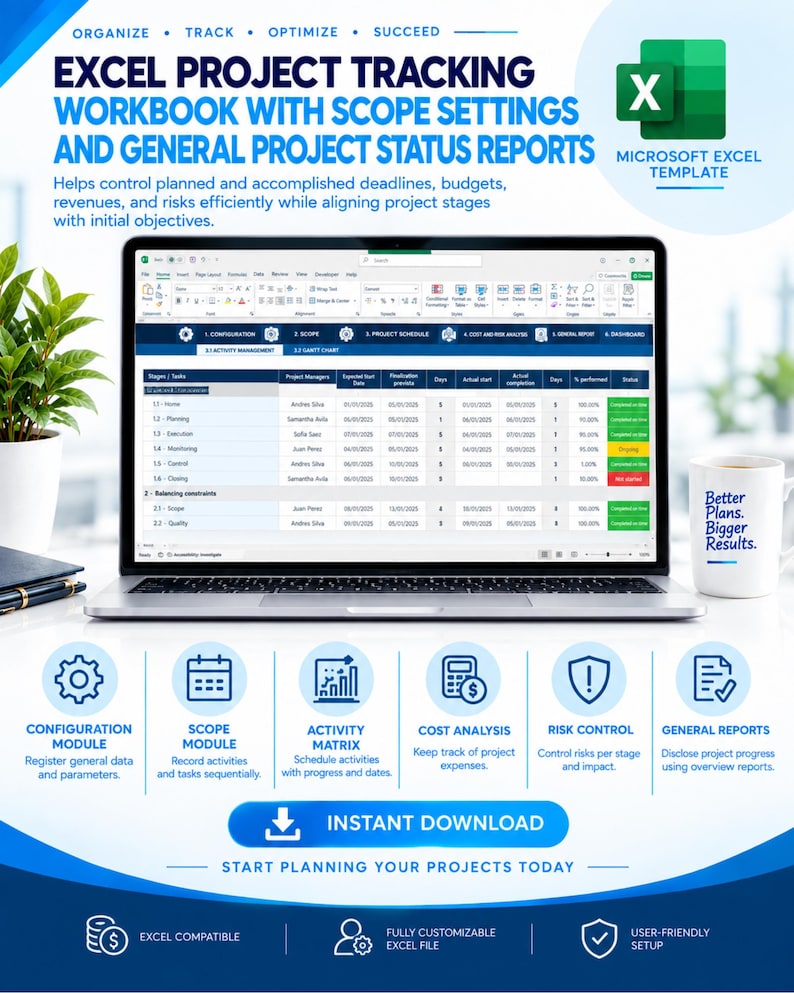 May include: A digital Microsoft Excel project tracking workbook template displayed on a laptop screen. The interface features columns for project stages, tasks, managers, dates, and status indicators. Includes icons for configuration, scope, and reports.