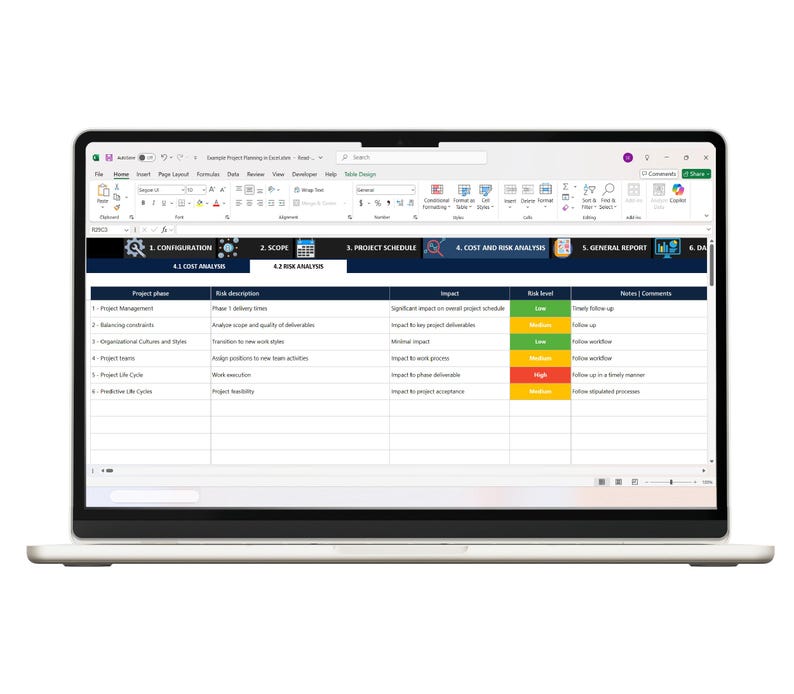 May include: A silver laptop displaying a Microsoft Excel spreadsheet titled Example Project Planning in Excel. The screen shows a risk analysis table with columns for project phase, risk description, impact, risk level, and notes or comments.