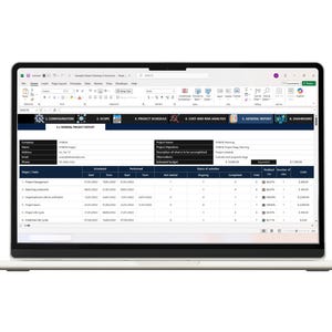 May include: A laptop screen displaying a Microsoft Excel spreadsheet titled Example Project Planning in Excel. The interface shows a project management dashboard with tabs for configuration, scope, schedule, cost analysis, and a general report table.