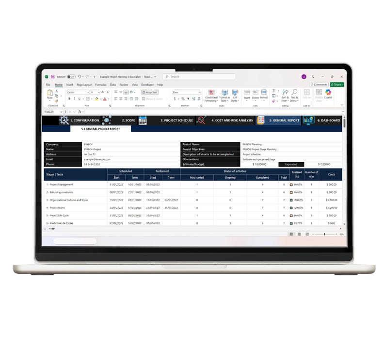 May include: A laptop screen displaying a Microsoft Excel spreadsheet titled Example Project Planning in Excel. The interface shows a project management dashboard with tabs for configuration, scope, schedule, cost analysis, and a general report table.