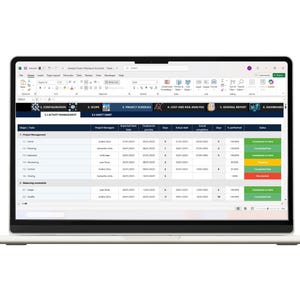 May include: A laptop screen displaying a project planning spreadsheet in Microsoft Excel. The interface shows a table with columns for stages, tasks, project managers, dates, and status indicators in green, yellow, and red colors.