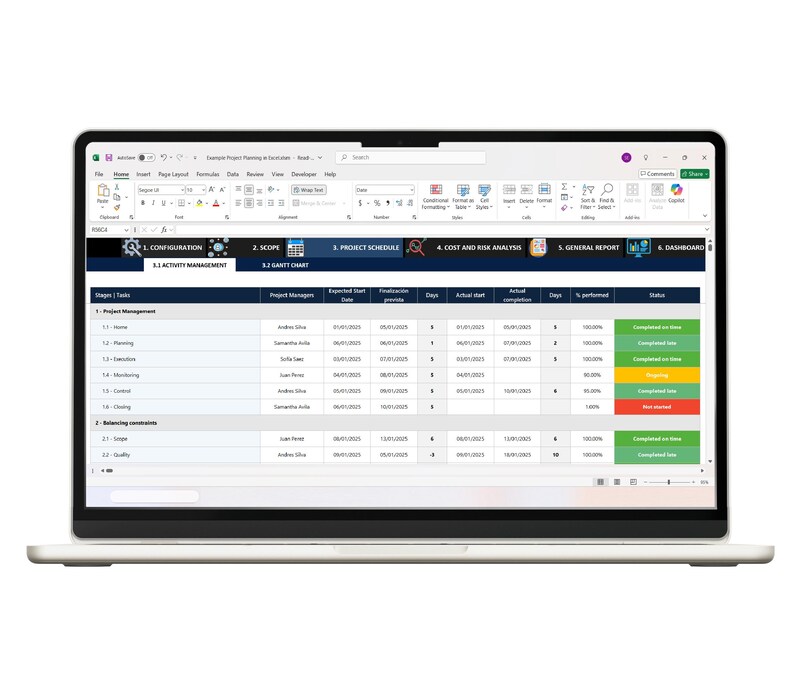 May include: A laptop screen displaying a project planning spreadsheet in Microsoft Excel. The interface shows a table with columns for stages, tasks, project managers, dates, and status indicators in green, yellow, and red colors.