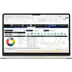 May include: A laptop screen showing a financial spreadsheet with charts and graphs. The display includes data analysis, a pie chart, line graphs, and numerical data. The interface has tabs for various financial categories.