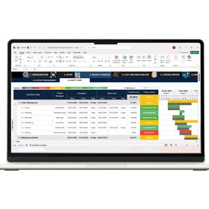 May include: A laptop screen displaying a project planning spreadsheet in Excel. The interface features a ribbon menu, a navigation bar with sections like Configuration and Project Schedule, and a detailed table tracking tasks, project managers, dates, and status.