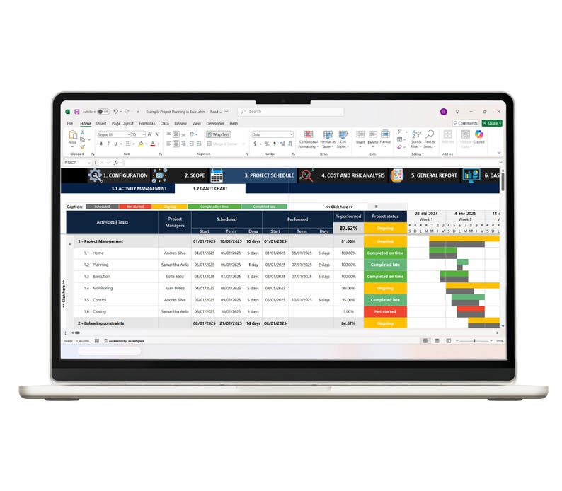May include: A laptop screen displaying a project planning spreadsheet in Excel. The interface features a ribbon menu, a navigation bar with sections like Configuration and Project Schedule, and a detailed table tracking tasks, project managers, dates, and status.