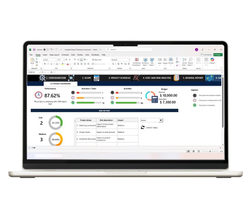 May include: A laptop screen displaying a project management dashboard in Microsoft Excel. The interface features a navigation bar with sections like Configuration, Scope, and Risk Report, alongside performance metrics, budget data, and a risk assessment table.
