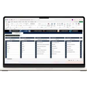 May include: A laptop screen displaying a Microsoft Excel spreadsheet titled Example Project Planning in Excel. The interface shows a project management dashboard with tabs for configuration, scope, schedule, cost, risk, report, and dashboard.