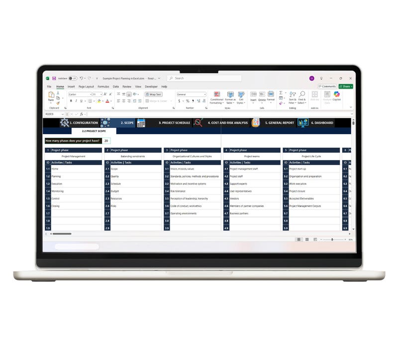 May include: A laptop screen displaying a Microsoft Excel spreadsheet titled Example Project Planning in Excel. The interface shows a project management dashboard with tabs for configuration, scope, schedule, cost, risk, report, and dashboard.
