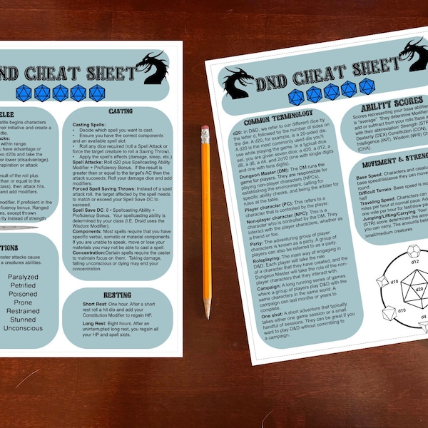 Dnd 5e New Player Cheat Sheet - Etsy