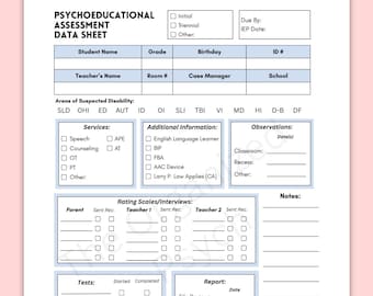 Psychoeducational Assessment Data Tracker, School Psychologist IEP (Printable)