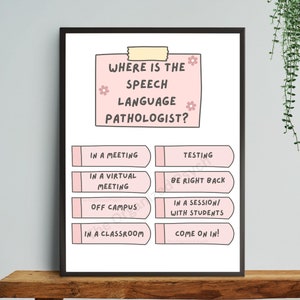 May include: A pink and white printable poster with the question "Where is the Speech Language Pathologist?" and a list of possible answers, including "In a meeting", "In a virtual meeting", "Off campus", "In a classroom", "Testing", "Be right back", "In a session/ with students", and "Come on in!"