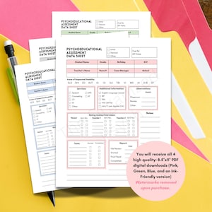 May include: A stack of assessment data sheets with a pen. The sheets are labeled "Psychoeducational Assessment Data Sheet" and include sections for student information, services, and observations. A pink circle with text is in the lower right corner.