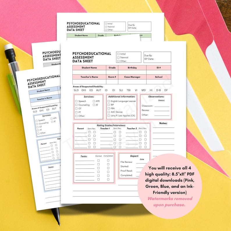 May include: A stack of assessment data sheets with a pen. The sheets are labeled "Psychoeducational Assessment Data Sheet" and include sections for student information, services, and observations. A pink circle with text is in the lower right corner.