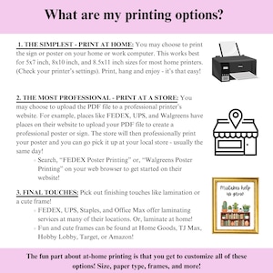 May include: Informational graphic with text "What are my printing options?" and instructions for printing at home or at a store. Includes images of a printer, a store icon, and a framed print with the text "Mistakes help us grow."