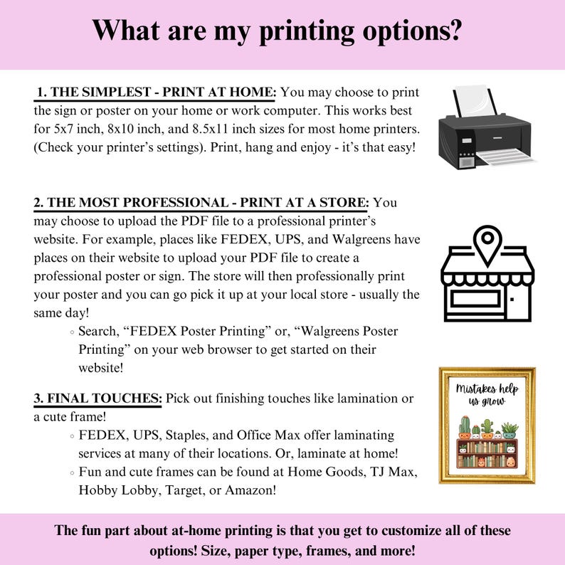 May include: Informational graphic with text "What are my printing options?" and instructions for printing at home or at a store. Includes images of a printer, a store icon, and a framed print with the text "Mistakes help us grow."