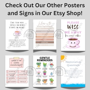 May include: A collection of six printable posters with various designs and text. The posters include phrases like "The tea you spill in here stays in here" and "Where is the school psychologist?" The Etsy shop name is visible.