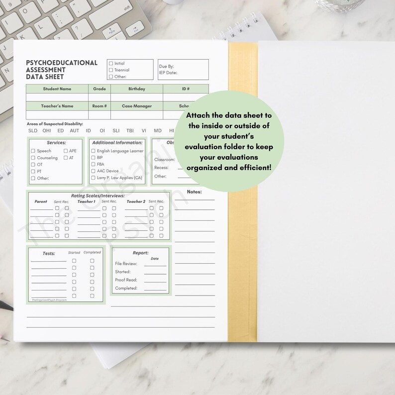 May include: A white data sheet with green accents, titled "Psychoeducational Assessment Data Sheet." The sheet includes sections for student information, areas of suspected disability, and rating scales. Text on the sheet reads: "Attach the data sheet to the inside or outside of your student's evaluation folder to keep your evaluations organized and efficient!"