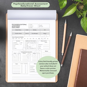 May include: A clipboard with a psychoeducational assessment data sheet. The sheet includes sections for student information, suspected disabilities, services, and rating scales. Text on the sheet includes "Areas of Suspected Disability" and "Additional Information". A pencil and pen are next to the clipboard.