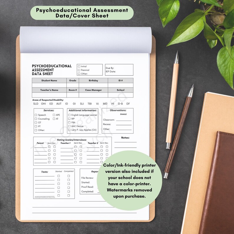 May include: A clipboard with a psychoeducational assessment data sheet. The sheet includes sections for student information, suspected disabilities, services, and rating scales. Text on the sheet includes "Areas of Suspected Disability" and "Additional Information". A pencil and pen are next to the clipboard.